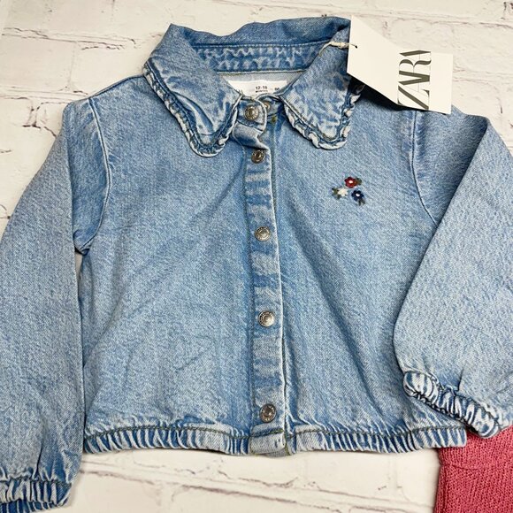 NWT Zara 12-18 month Girls Chambray Jacket + Knit Pants Bundle Blue Pink - Picture 2 of 6